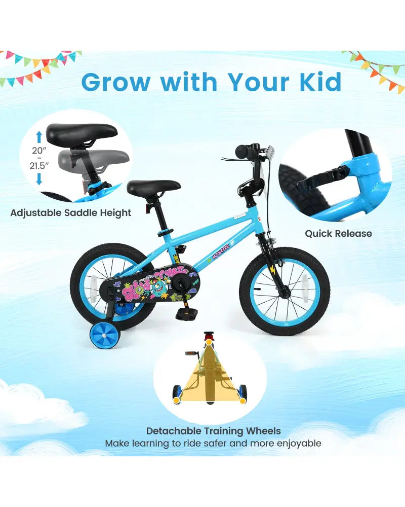 14 Inch Kids Bike with Training Wheels for Ages 3-5 Years Old Blue- Street Art Time - Blue - Kids Bike