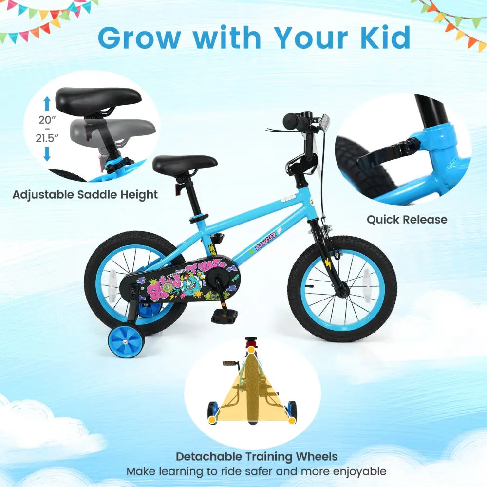 14 Inch Kids Bike with Training Wheels for Ages 3-5 Years Old Blue- Street Art Time - Blue - Kids Bike