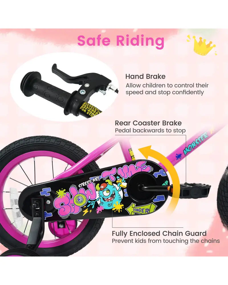 14 Inch Kids Bike with Training Wheels for Ages 3-5 Years Old Pink- Street Art Time - Pink - Kids Bike