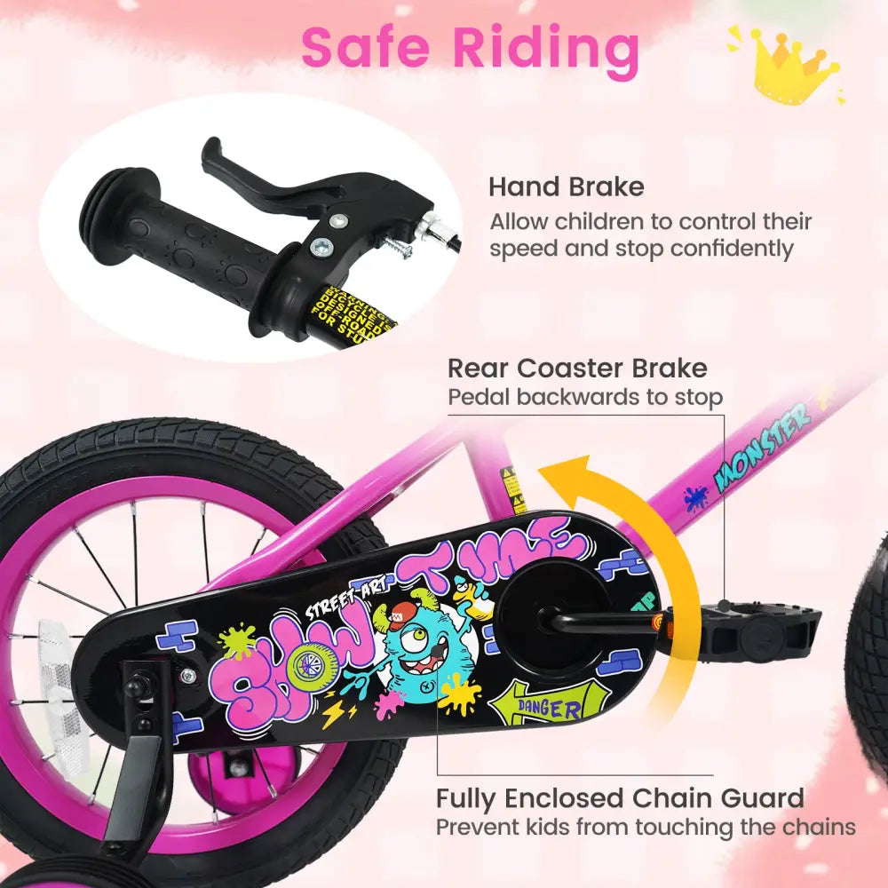 14 Inch Kids Bike with Training Wheels for Ages 3-5 Years Old Pink- Street Art Time - Pink - Kids Bike