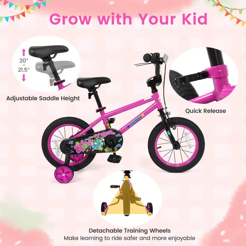 14 Inch Kids Bike with Training Wheels for Ages 3-5 Years Old Pink- Street Art Time - Pink - Kids Bike