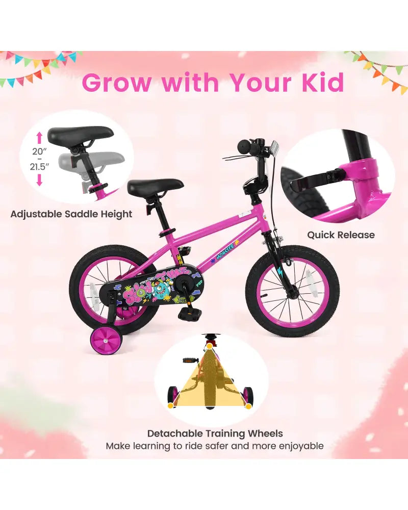 14 Inch Kids Bike with Training Wheels for Ages 3-5 Years Old Pink- Street Art Time - Pink - Kids Bike