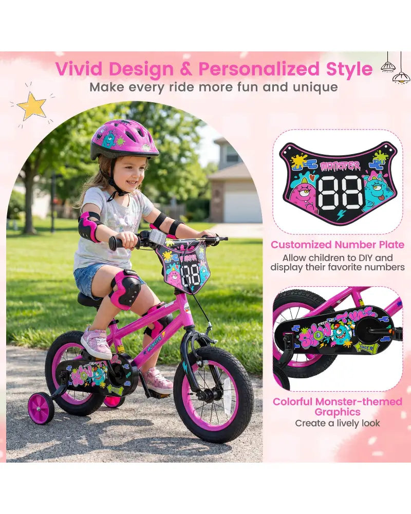 14 Inch Kids Bike with Training Wheels for Ages 3-5 Years Old Pink- Street Art Time - Pink - Kids Bike
