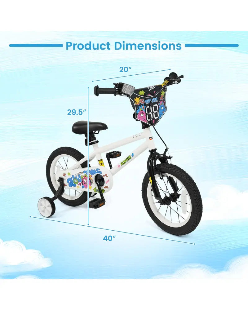 14 Inch Kids Bike with Training Wheels for Ages 3-5 Years Old White- Street Art Time - White - Kids Bike