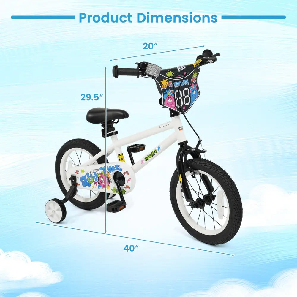 14 Inch Kids Bike with Training Wheels for Ages 3-5 Years Old White- Street Art Time - White - Kids Bike