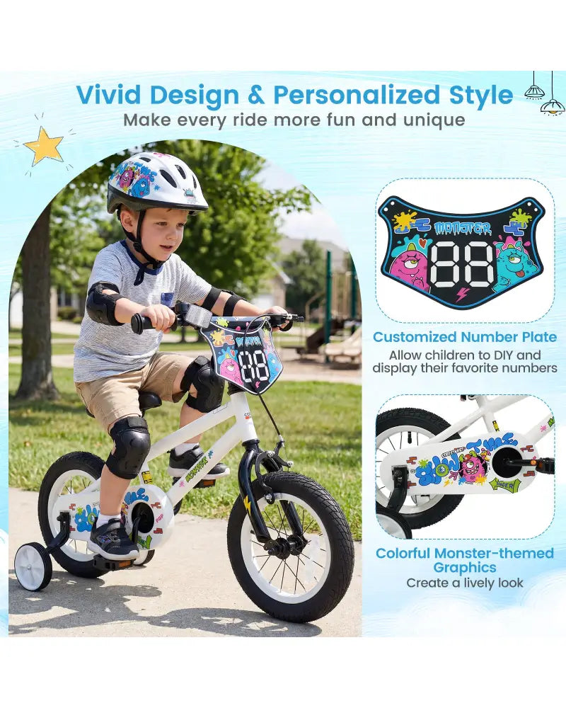 14 Inch Kids Bike with Training Wheels for Ages 3-5 Years Old White- Street Art Time - White - Kids Bike