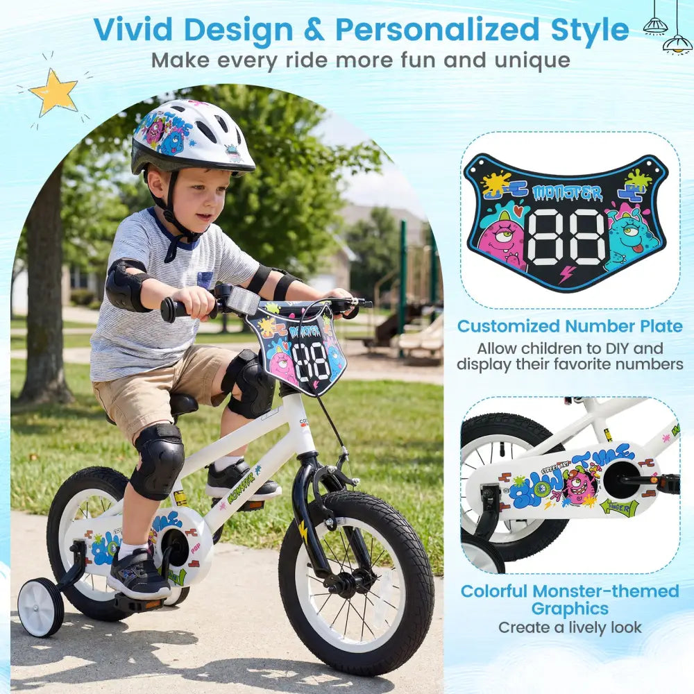 14 Inch Kids Bike with Training Wheels for Ages 3-5 Years Old White- Street Art Time - White - Kids Bike