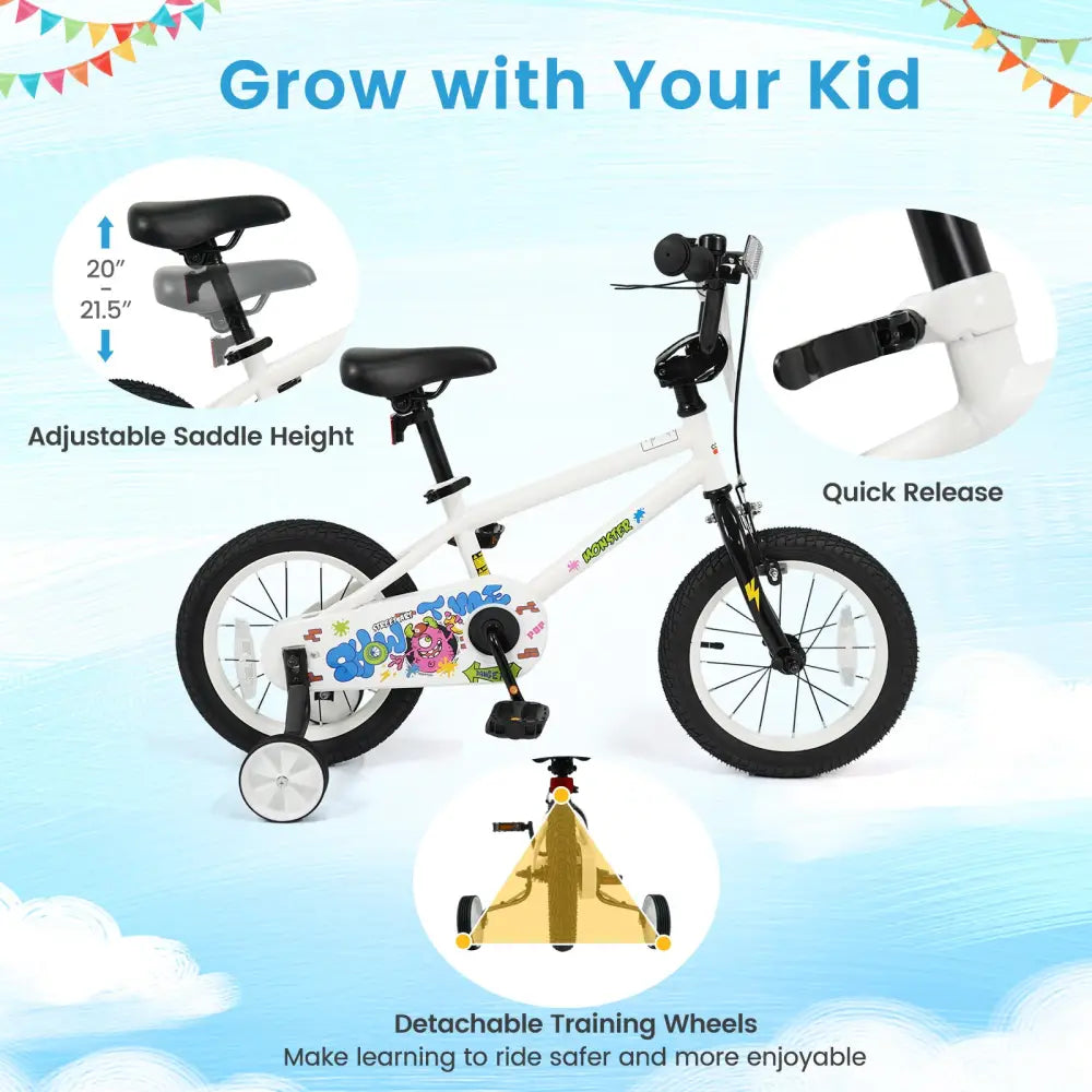 14 Inch Kids Bike with Training Wheels for Ages 3-5 Years Old White- Street Art Time - White - Kids Bike
