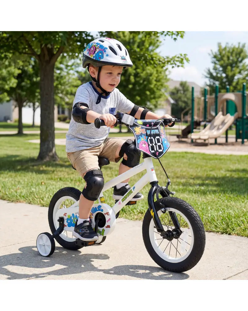 14 Inch Kids Bike with Training Wheels for Ages 3-5 Years Old White- Street Art Time - White - Kids Bike
