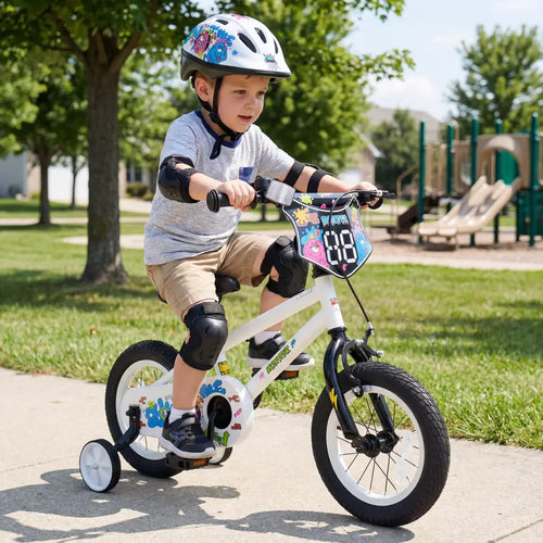 14 Inch Kids Bike with Training Wheels for Ages 3-5 Years Old White- Street Art Time - White - Kids Bike