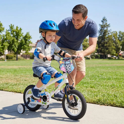 14 Inch Kids Bike with Training Wheels for Ages 3-5 Years Old White- Street Art Time - White - Kids Bike