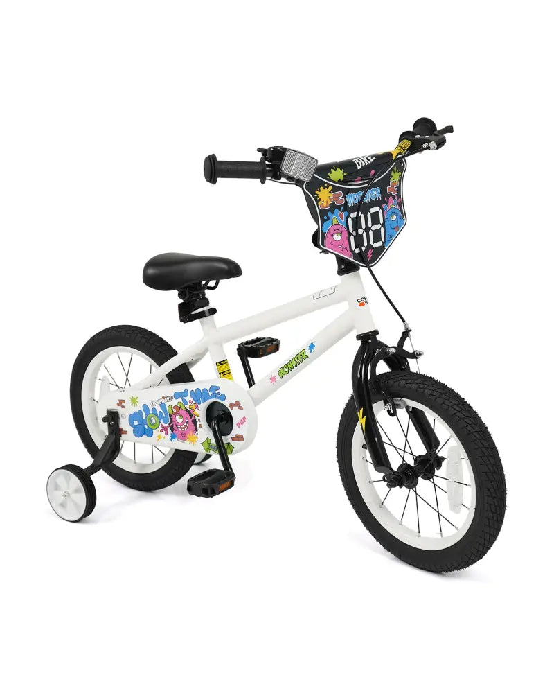 14 Inch Kids Bike with Training Wheels for Ages 3-5 Years Old White- Street Art Time - White - Kids Bike