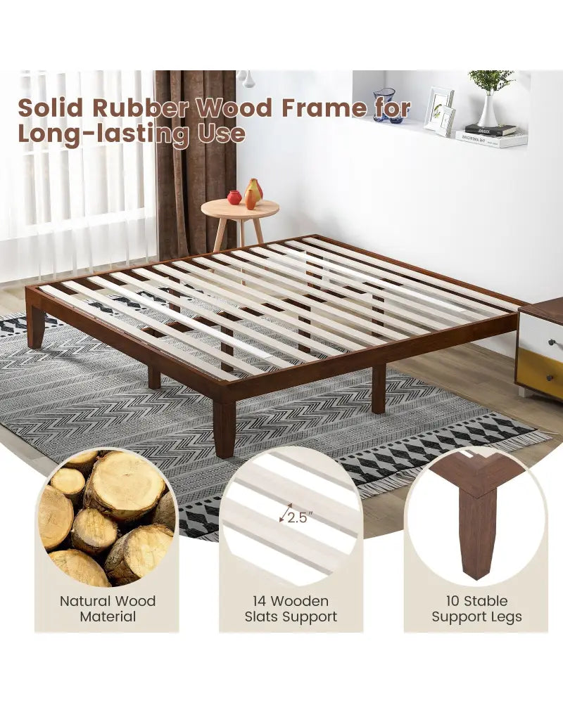 14 Inch King Size Rubber Wood Platform Bed Frame with Wood Slat Support-Walnut - Walnut - Simple Bed Frame