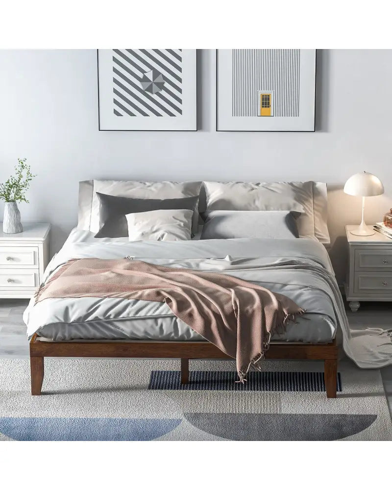 14 Inch King Size Rubber Wood Platform Bed Frame with Wood Slat Support-Walnut - Walnut - Simple Bed Frame