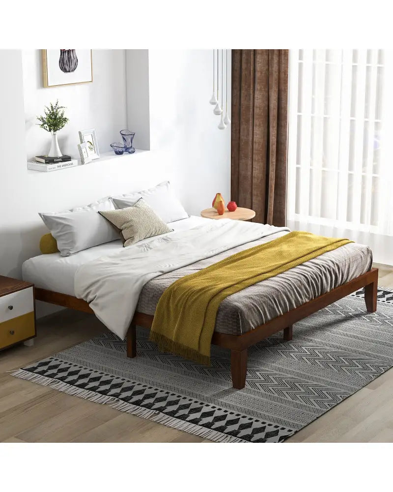 14 Inch King Size Rubber Wood Platform Bed Frame with Wood Slat Support-Walnut - Walnut - Simple Bed Frame