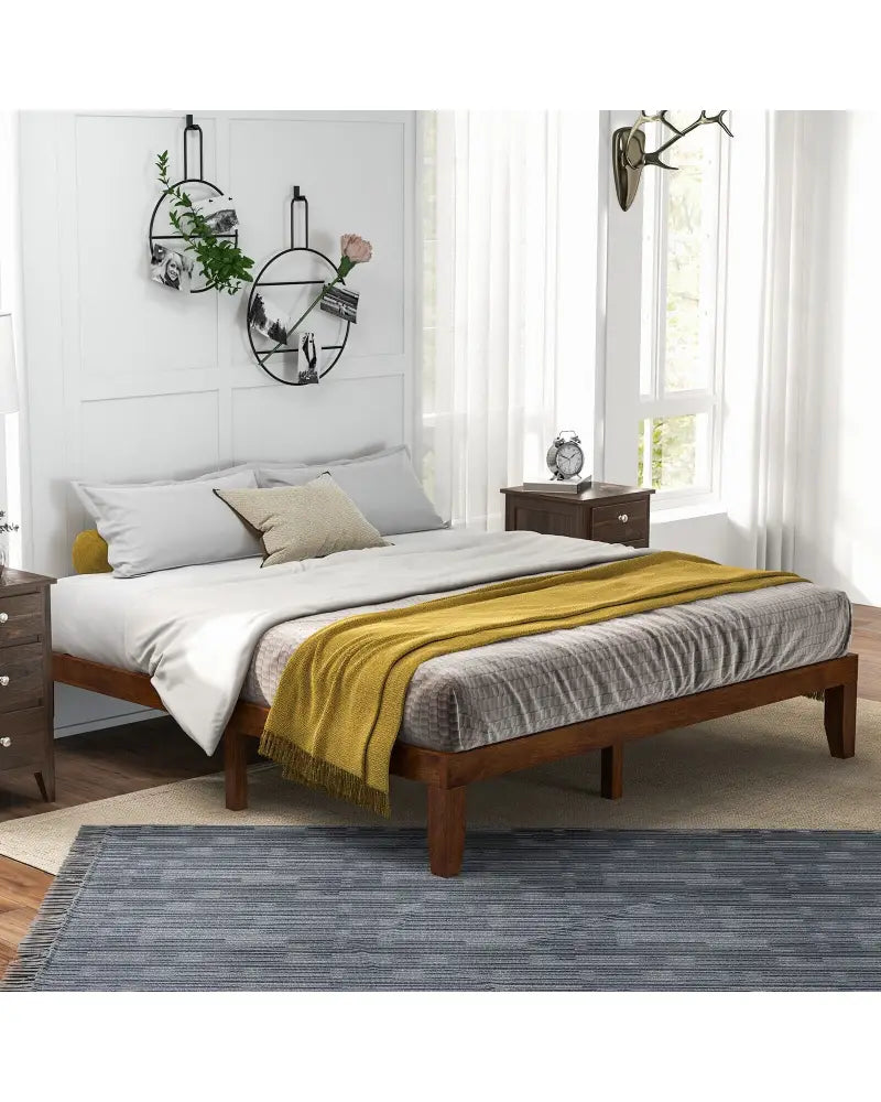 14 Inch King Size Rubber Wood Platform Bed Frame with Wood Slat Support-Walnut - Walnut - Simple Bed Frame