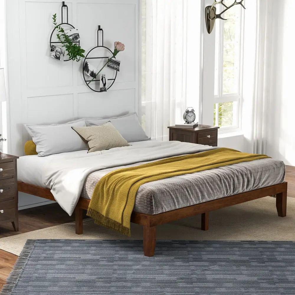 14 Inch King Size Rubber Wood Platform Bed Frame with Wood Slat Support-Walnut - Walnut - Simple Bed Frame