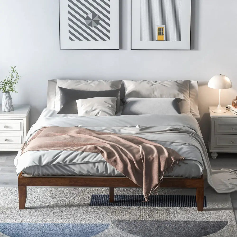 14 Inch King Size Rubber Wood Platform Bed Frame with Wood Slat Support-Walnut - Walnut - Simple Bed Frame