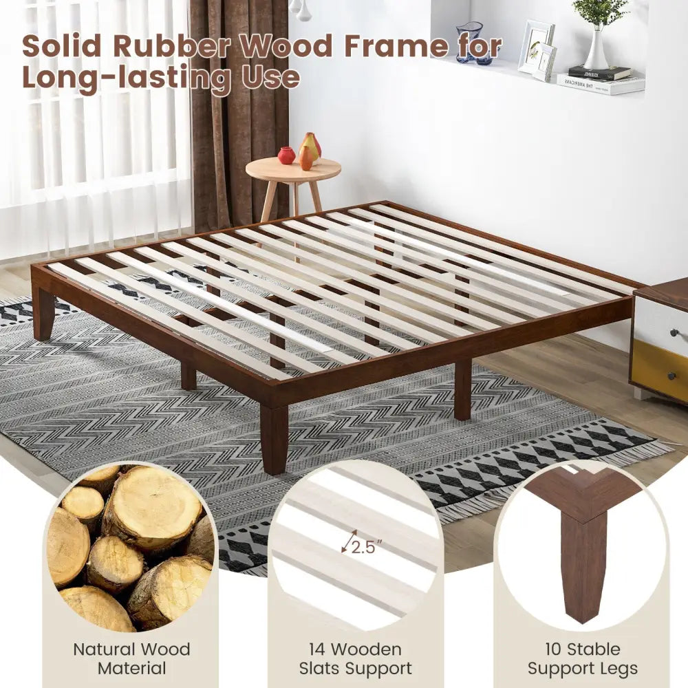 14 Inch King Size Rubber Wood Platform Bed Frame with Wood Slat Support-Walnut - Walnut - Simple Bed Frame