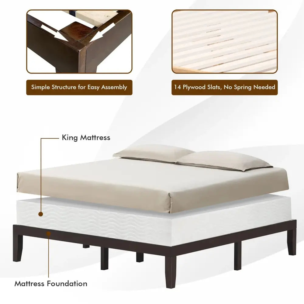 14 Inch King Size Wood Platform Bed Frame-Brown Costway