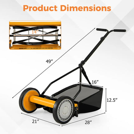 14 Inch Push Lawn Mower with 5 Steel Blades and Grass Catcher Bag-Orange - Orange - Lawn Care Tools