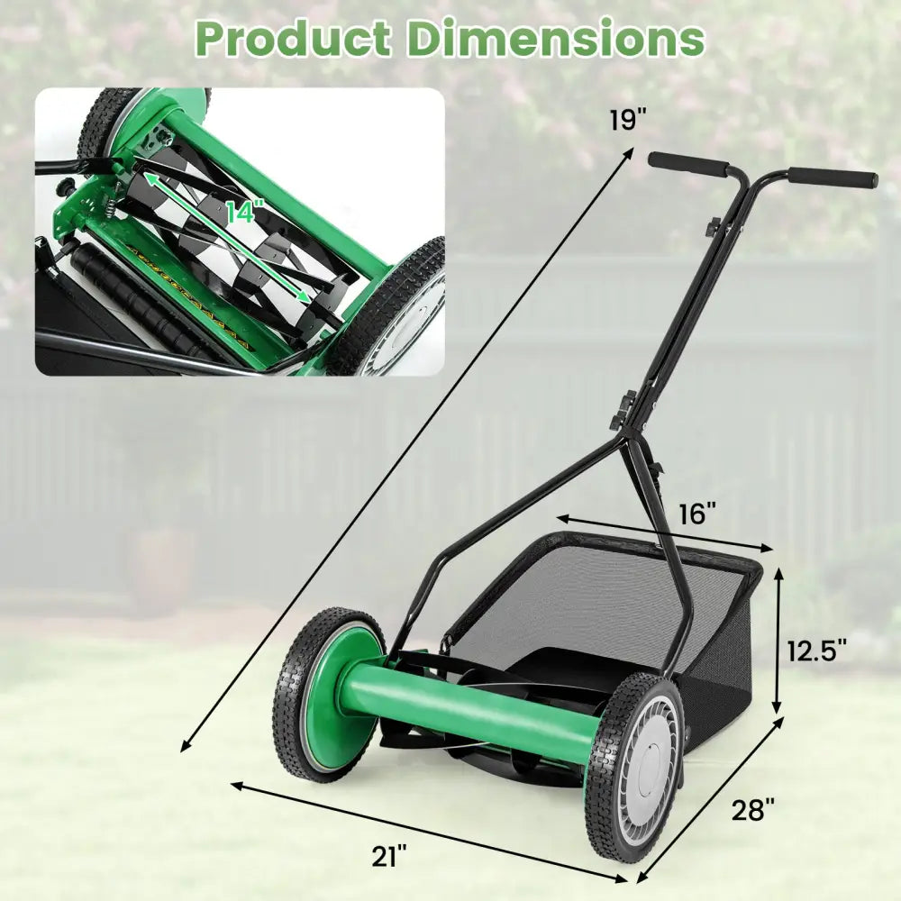 14 Inch Push Lawn Mower with 5 Steel Blades and Grass Catcher Bag-Green - Green - Lawn Care Tools