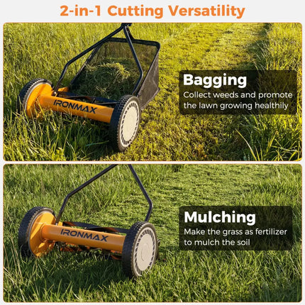 14 Inch Push Lawn Mower with 5 Steel Blades and Grass Catcher Bag-Orange - Orange - Lawn Care Tools