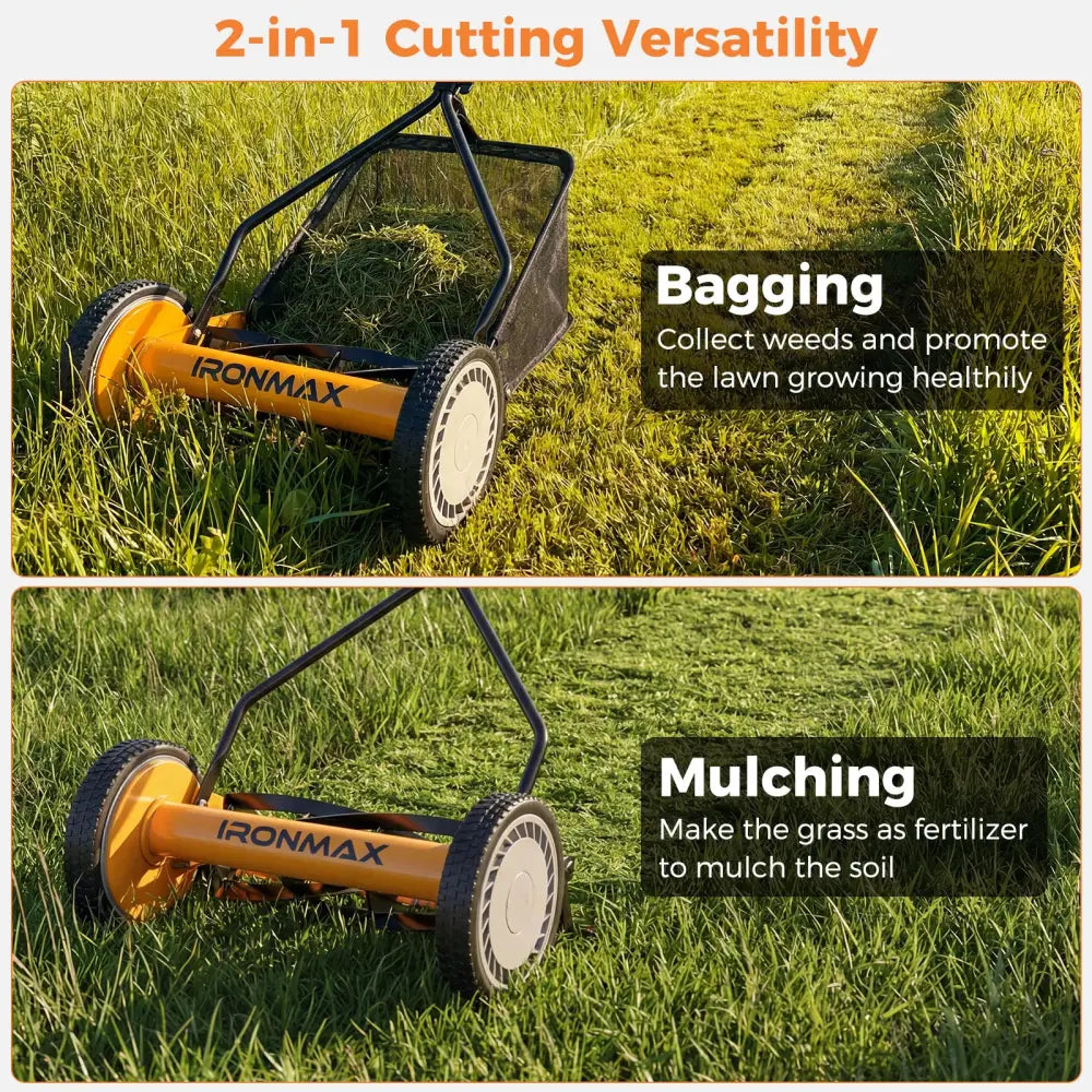 14 Inch Push Lawn Mower with 5 Steel Blades and Grass Catcher Bag-Orange - Orange - Lawn Care Tools