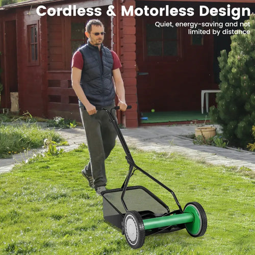 14 Inch Push Lawn Mower with 5 Steel Blades and Grass Catcher Bag-Green - Green - Lawn Care Tools