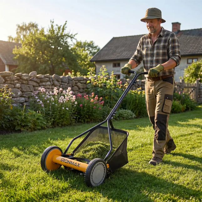14 Inch Push Lawn Mower with 5 Steel Blades and Grass Catcher Bag-Orange - Orange - Lawn Care Tools