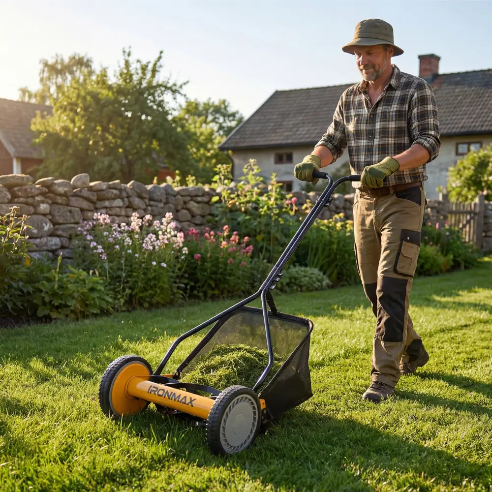 14 Inch Push Lawn Mower with 5 Steel Blades and Grass Catcher Bag-Orange - Orange - Lawn Care Tools