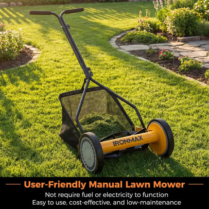 14 Inch Push Lawn Mower with 5 Steel Blades and Grass Catcher Bag-Orange - Orange - Lawn Care Tools