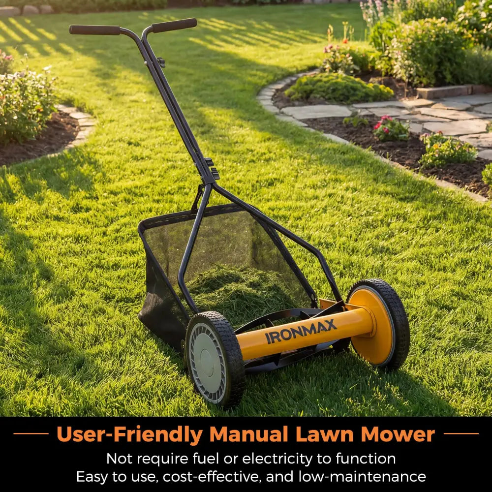 14 Inch Push Lawn Mower with 5 Steel Blades and Grass Catcher Bag-Orange - Orange - Lawn Care Tools