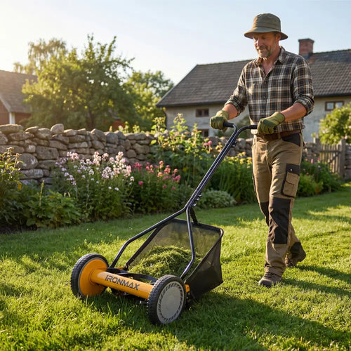 14 Inch Push Lawn Mower with 5 Steel Blades and Grass Catcher Bag-Orange - Orange - Lawn Care Tools