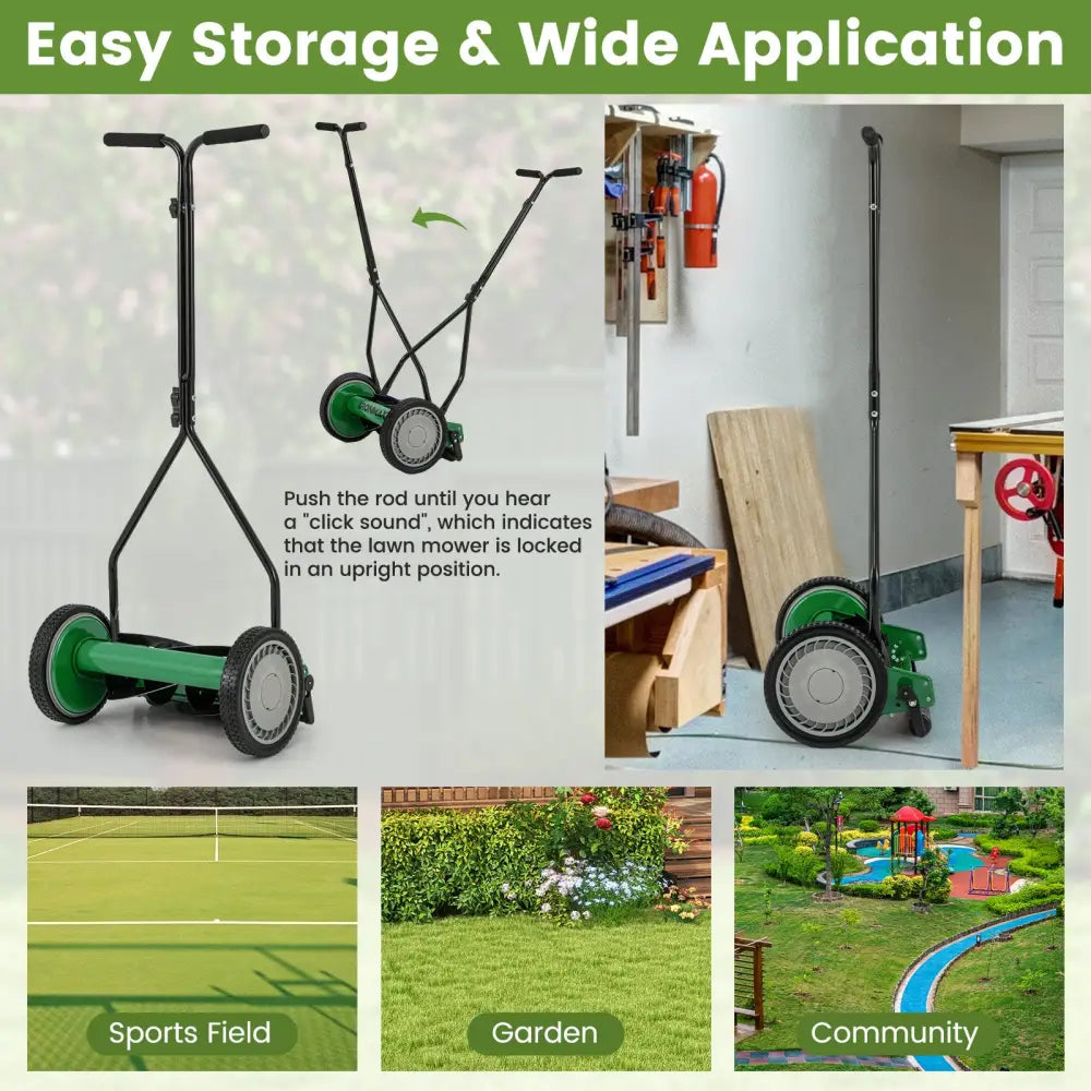 14 Inch Push Lawn Mower with 5 Steel Blades and Grass Catcher Bag-Green - Green - Lawn Care Tools