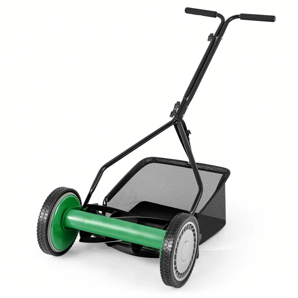 14 Inch Push Lawn Mower with 5 Steel Blades and Grass Catcher Bag-Green - Green - Lawn Care Tools