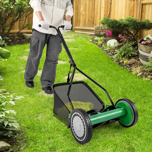 14 Inch Push Lawn Mower with 5 Steel Blades and Grass Catcher Bag-Green - Green - Lawn Care Tools