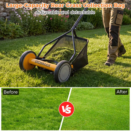 14 Inch Push Lawn Mower with 5 Steel Blades and Grass Catcher Bag-Orange - Orange - Lawn Care Tools