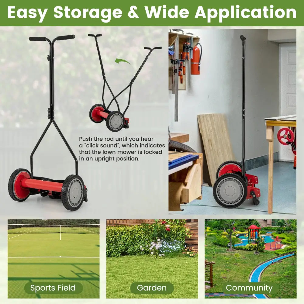 14 Inch Push Lawn Mower with 5 Steel Blades and Grass Catcher Bag-Red - Red - Lawn Care Tools
