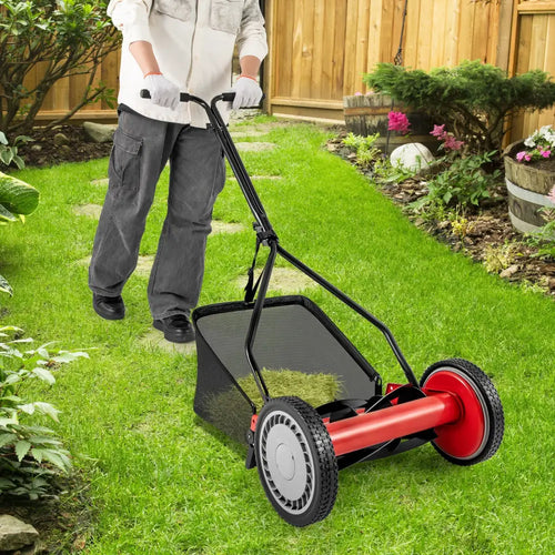 14 Inch Push Lawn Mower with 5 Steel Blades and Grass Catcher Bag-Red - Red - Lawn Care Tools