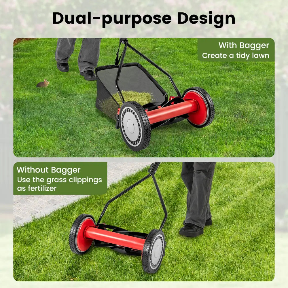 14 Inch Push Lawn Mower with 5 Steel Blades and Grass Catcher Bag-Red - Red - Lawn Care Tools