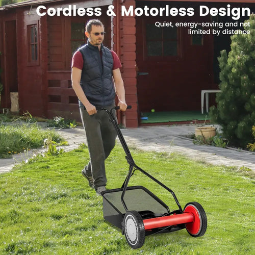 14 Inch Push Lawn Mower with 5 Steel Blades and Grass Catcher Bag-Red - Red - Lawn Care Tools