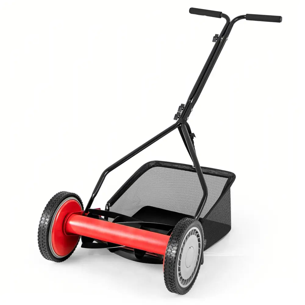 14 Inch Push Lawn Mower with 5 Steel Blades and Grass Catcher Bag-Red - Red - Lawn Care Tools
