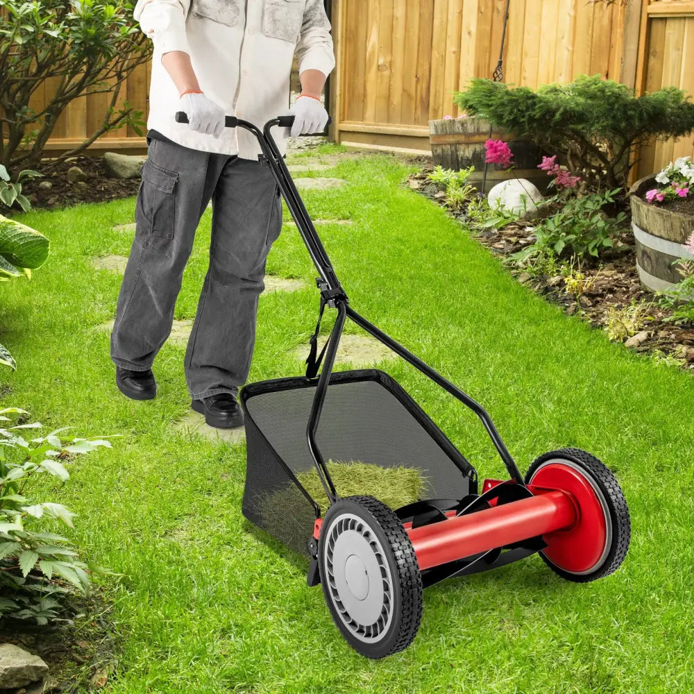 14 Inch Push Lawn Mower with 5 Steel Blades and Grass Catcher Bag-Red - Red - Lawn Care Tools