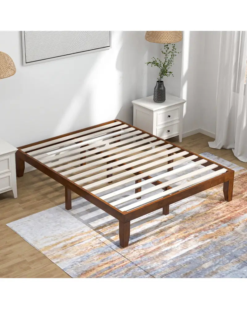 14 Inch Queen Size Rubber Wood Platform Bed Frame with Wood Slat Support-Walnut - Walnut - Simple Bed Frame