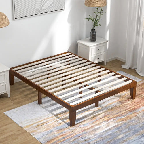 14 Inch Queen Size Rubber Wood Platform Bed Frame with Wood Slat Support-Walnut - Walnut - Simple Bed Frame