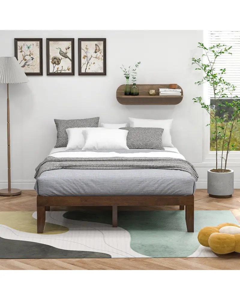 14 Inch Queen Size Rubber Wood Platform Bed Frame with Wood Slat Support-Walnut - Walnut - Simple Bed Frame