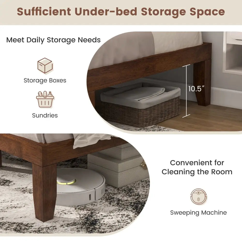 14 Inch Queen Size Rubber Wood Platform Bed Frame with Wood Slat Support-Walnut - Walnut - Simple Bed Frame