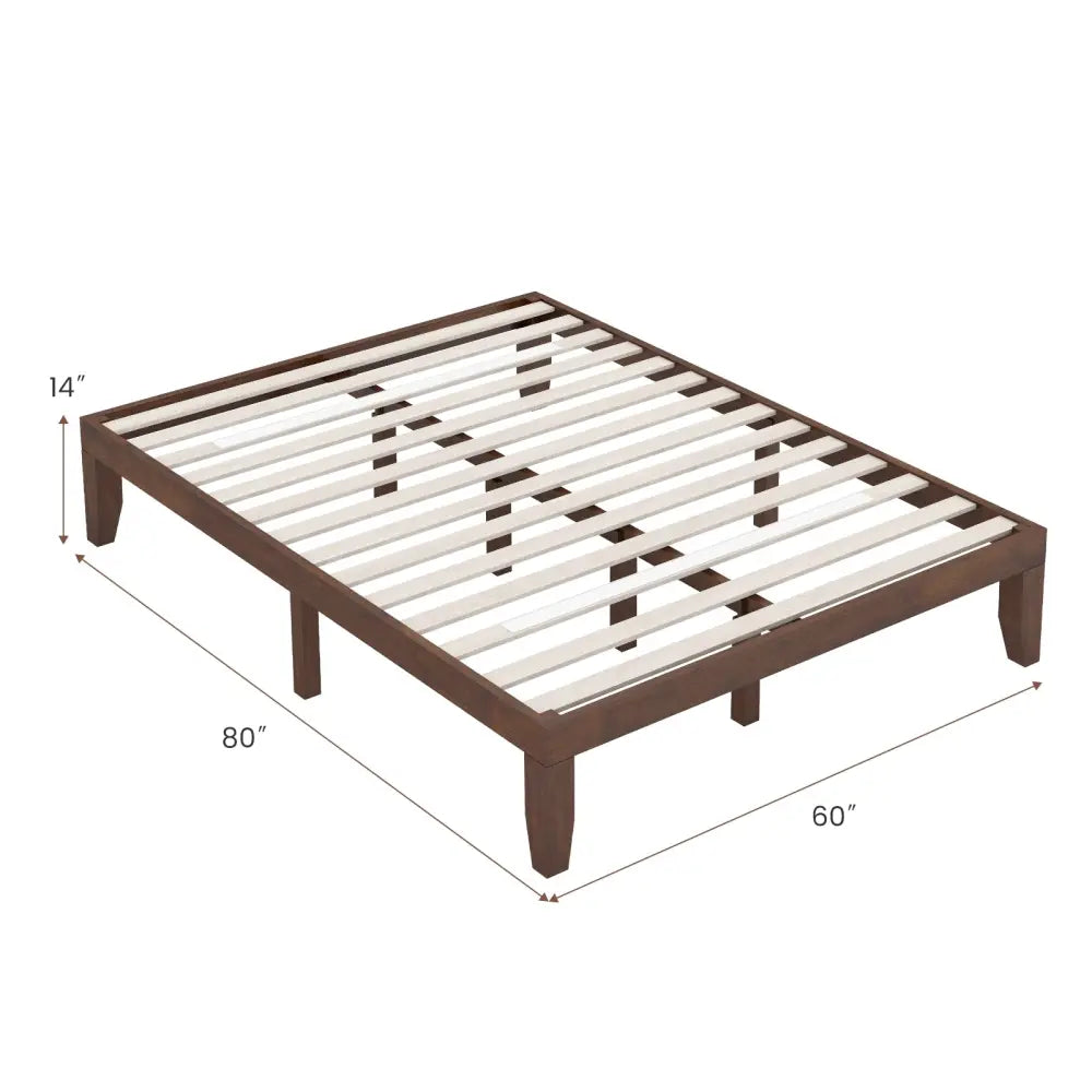 14 Inch Queen Size Rubber Wood Platform Bed Frame with Wood Slat Support-Walnut - Walnut - Simple Bed Frame
