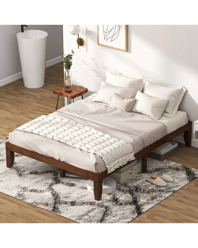 14 Inch Queen Size Rubber Wood Platform Bed Frame with Wood Slat Support-Walnut - Walnut - Simple Bed Frame